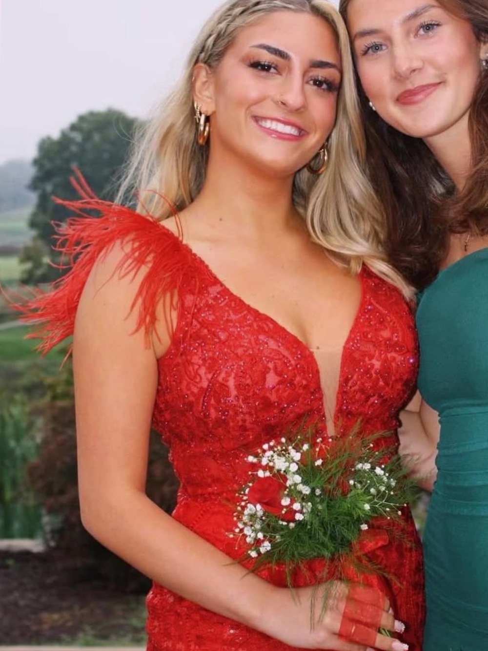 JVN by Jovani Red Feather-Trim Plunging V-Neck Mini Dress